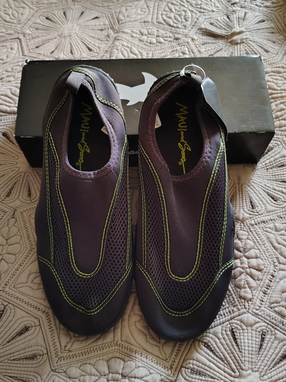 Maui and Sons Water Shoes in Black with Yellow Stitching